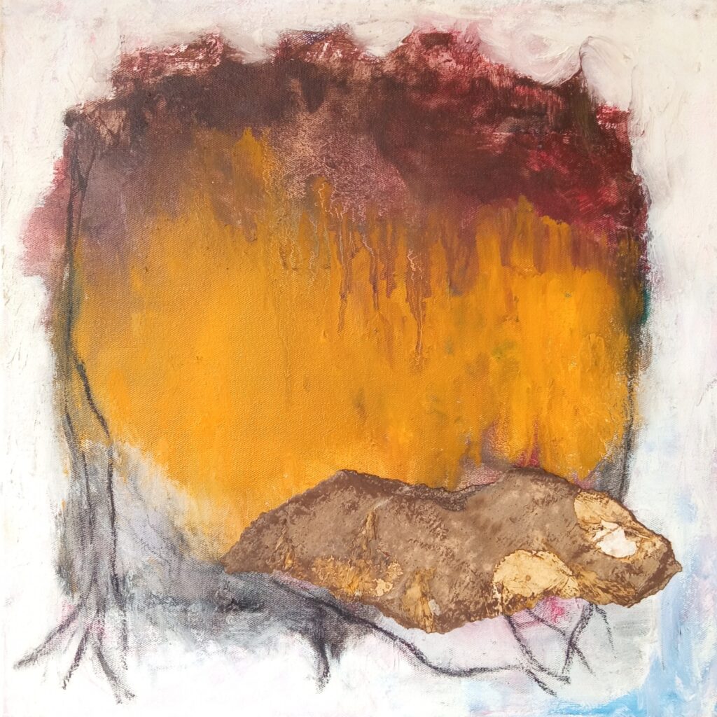 Óleo, acrílica, pastel oleoso e extrato de nogueira sobre tela. nogueira sobre tela, 30 x 30 x 1,5 cm. Foto: Reprodução/Site da artista