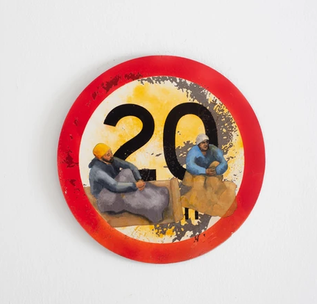 Óleo sobre placa de trânsito, 30 cm diâmetro. Foto: Reprodução